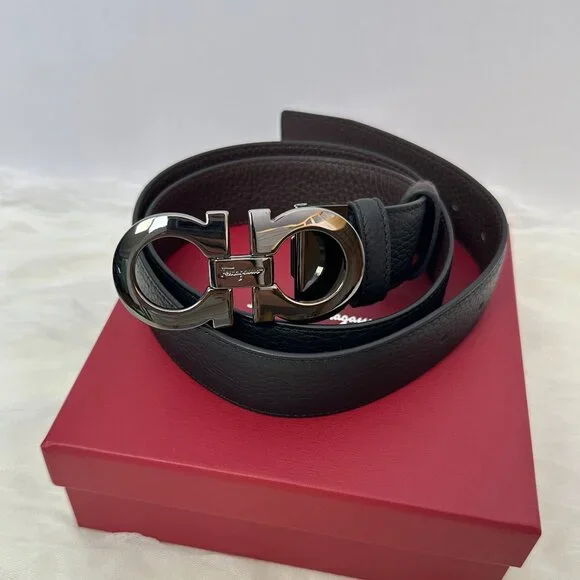 Ferragamo Black/Brown Reversible Belt, Classic Buckle, Size 34